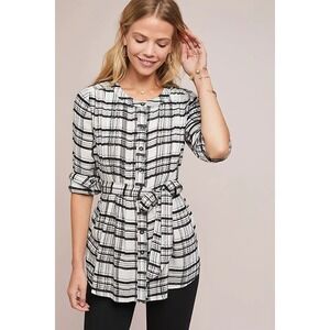 Anthropologie Women Tie Waist Button Front Top 2 White Plaid Cotton Wool Western